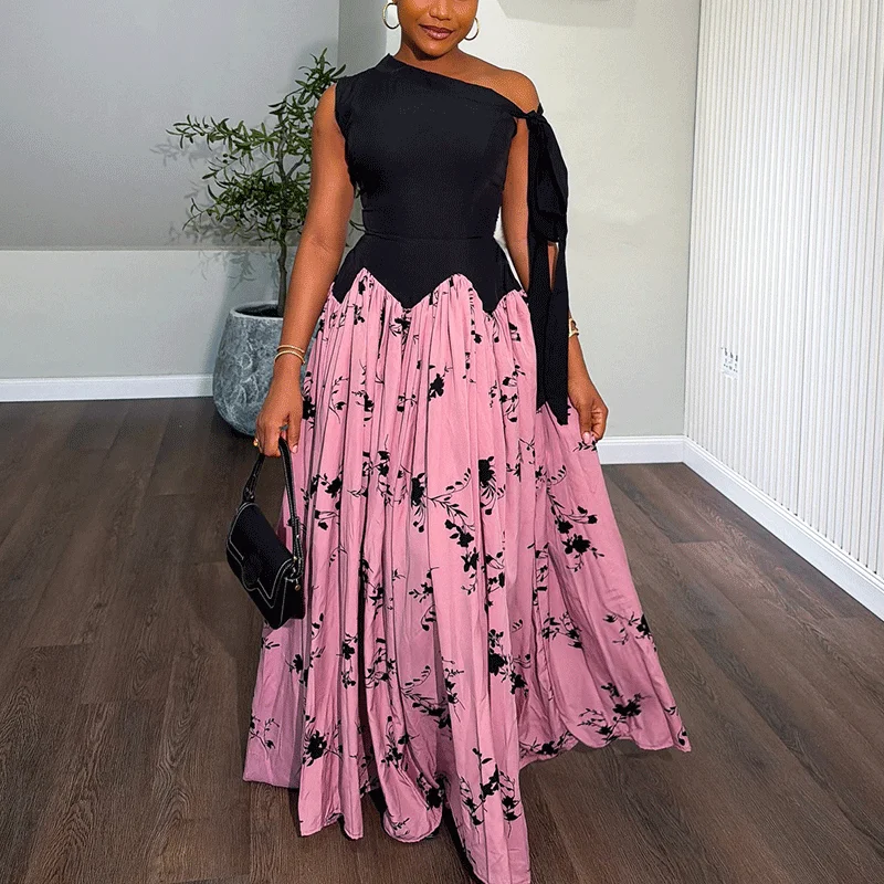 

Ticketsx Women's Off Shoulder Printed Dress Summer Fashion Contrast High Waist Patchwork Dresses Elegant Party Streetwear Dress