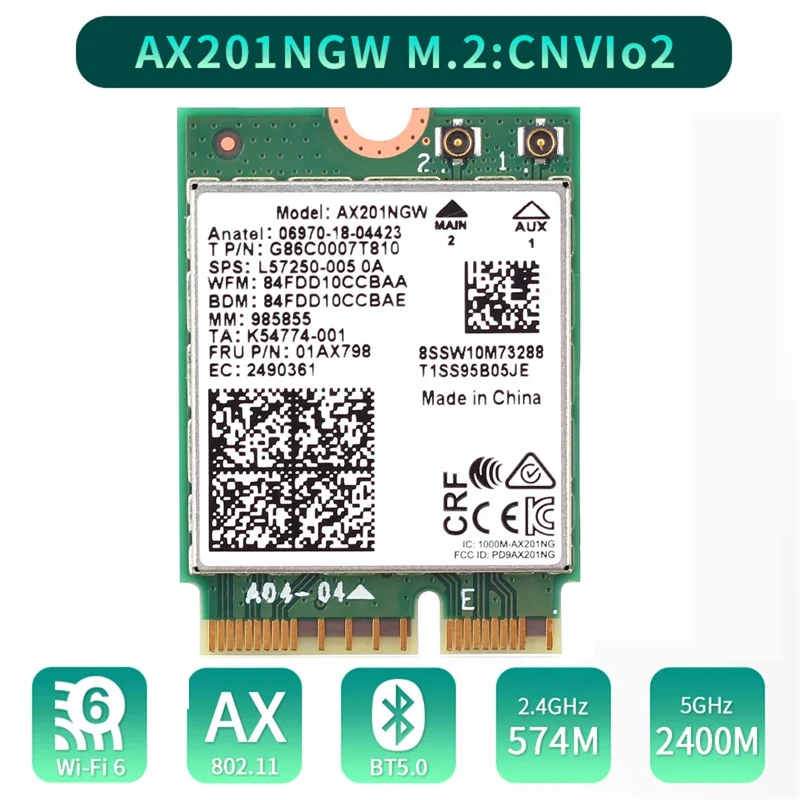 WiFi 6 Wifi Card AX201 AX201NGW 3000Mbps Dual Band 2.4Ghz/5Ghz 2.4Gbps 2400Mbps+574Mbps M.2 Key E CNVio 2 Wireless Card