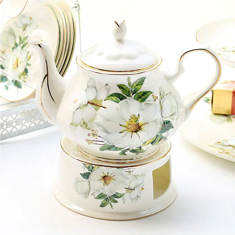 Coffee Pot with Stove, British Style, Afternoon Flower Tea Teaware, 900ml Teakettle, Bone China Teapot, Warm Tea Base Set