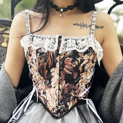 Spring Oil Painting Chrysanthemum Printed Floral Overbust Corsets Crop Top Camisoles for Women Streetwear Summer Trend