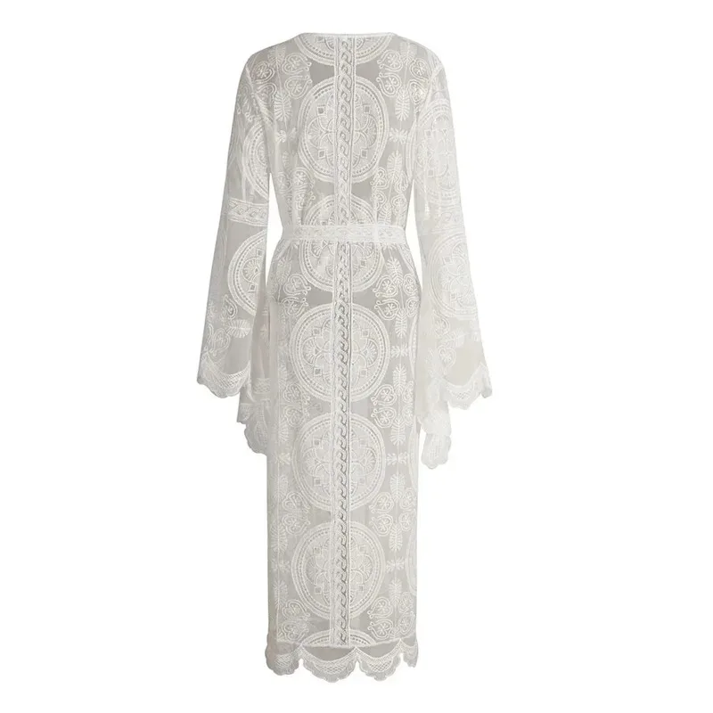 ماكسي بوهو كيمونو قفطان يغطي ثوب رداء المرأة شير الدانتيل الكروشيه التفاف فستان الشاطئ الأبيض طويل مفتوح الجبهة سترة ل ZT2440