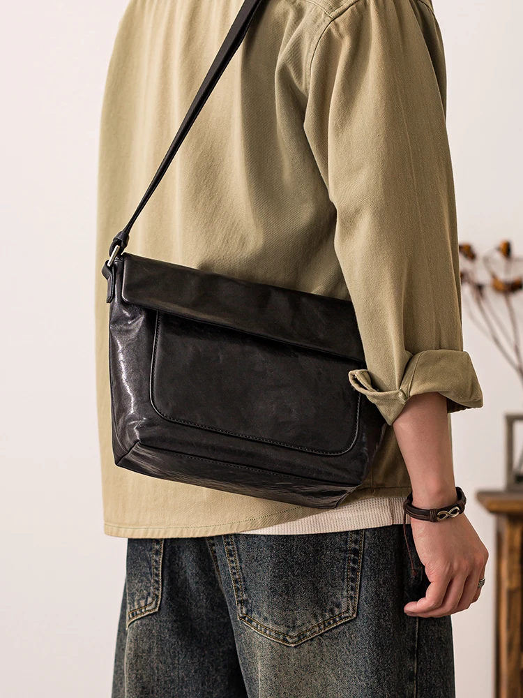 Simple casual outdoor commuter genuine leather men's messenger bag trend designer handmade cowhide leather black shoulder bag