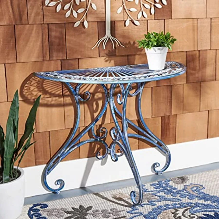 Outdoor Annalise Half-Moon Accent Table Iron Metal Antique Gold Vintage Baroque Scrollwork Ideal for Patio Deck Porch Garden
