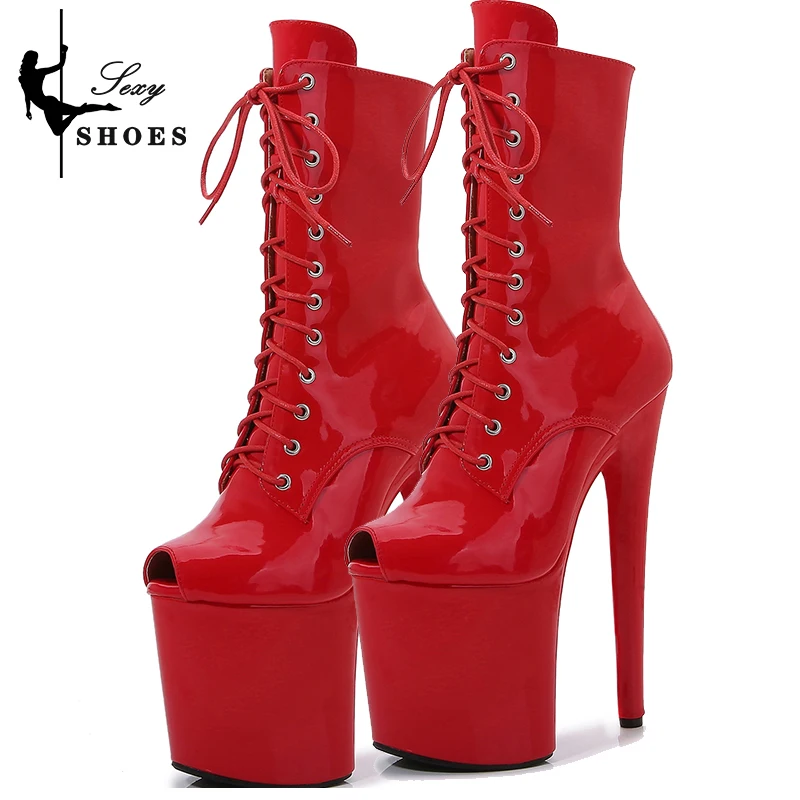 

2025 New Pink Peep Toe 20cm/8Inch High Stripper Pole Dancing Women's Shoes Women Sexy Fetish Stiletto Heels Lace Up Short Boots