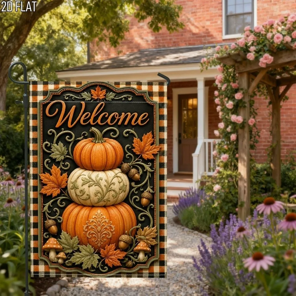 Double Sided Halloween Fall Pumpkin Garden Flag Rustic Style Linen Ghost Welcome Flag Scarecrow Vintage Thanksgiving Lawn Flag