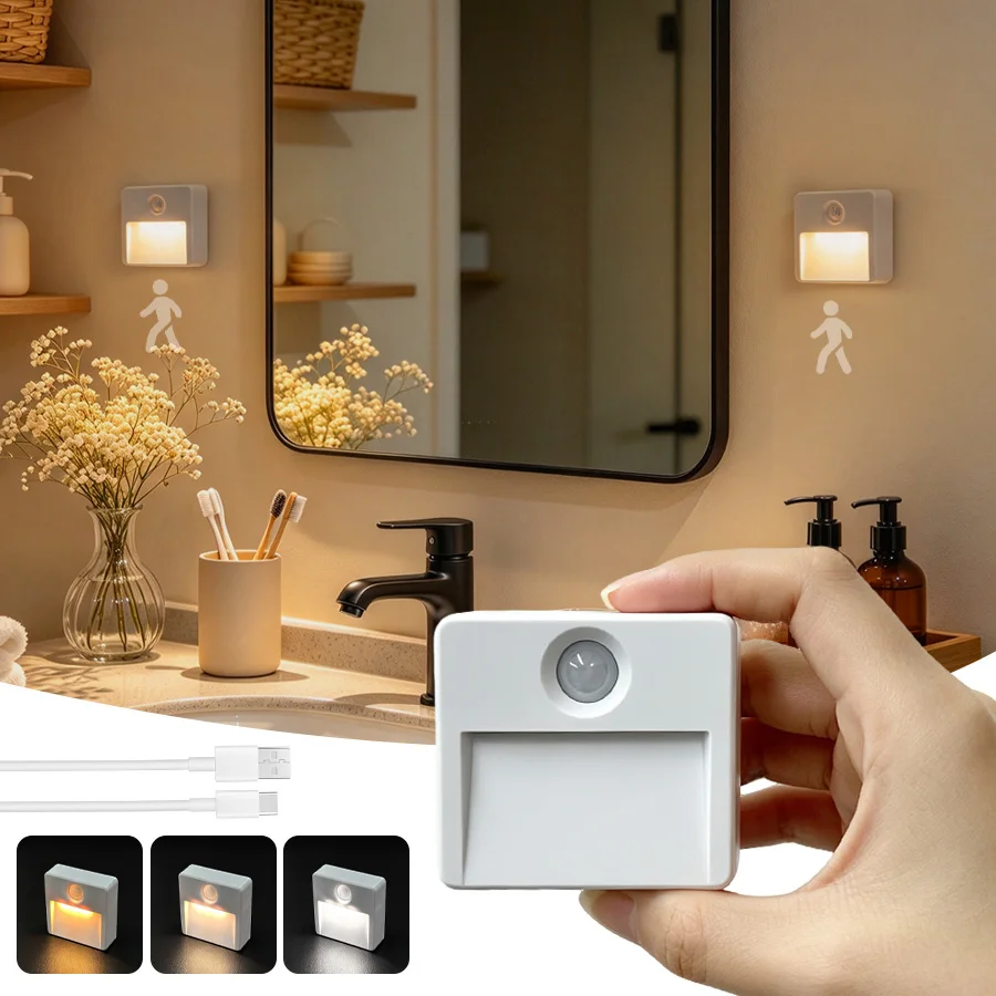 LED Night Light With Motion Sensor Light 3 Colors Rechargeable Wireless Night Lamp For Kitchen Cabinet Staircase Closet Light