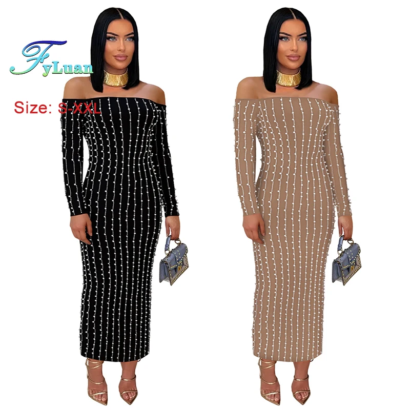 Europa Und Amerika Frauen Langes Kleid Elegante Langarm Set Diamanten, Figurbetontes Kleid Sexy Weg Von Der Schulter Einfarbig Prom Kleider