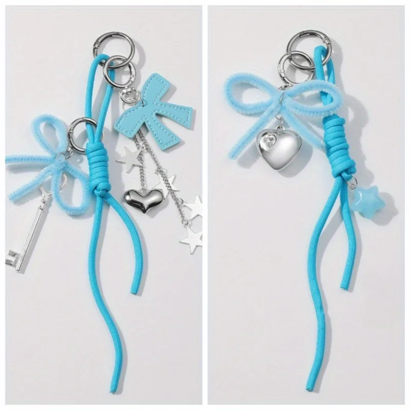 

2PCS Fresh Simple Cute Blue Plush Leather Bow Star Chain Love Keychain