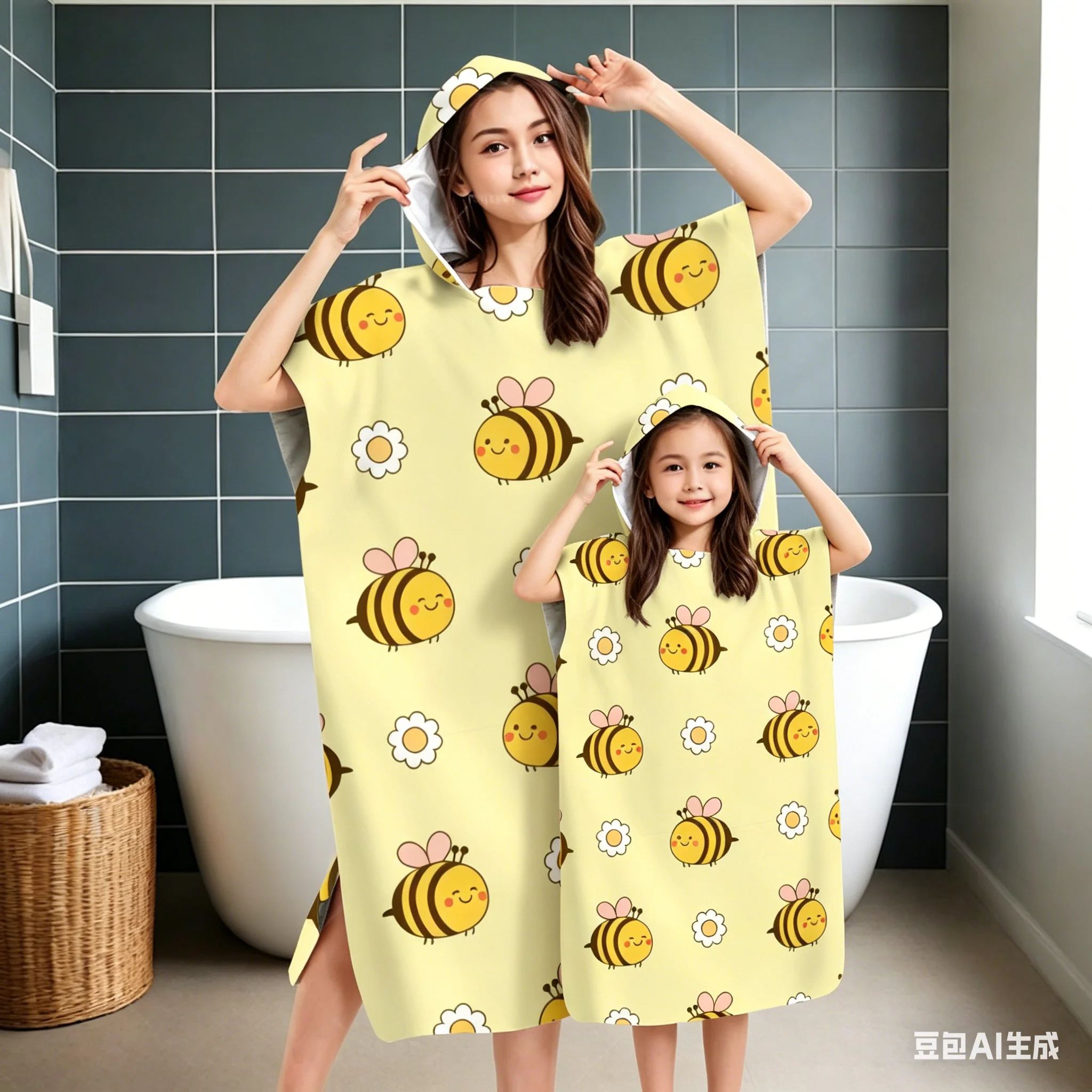 Cute Bee & Flower Print Hooded Towel Poncho, Microfiber Quick-Dry Bath Robe for Adults Kids, Family Matching Beach Changing Robe