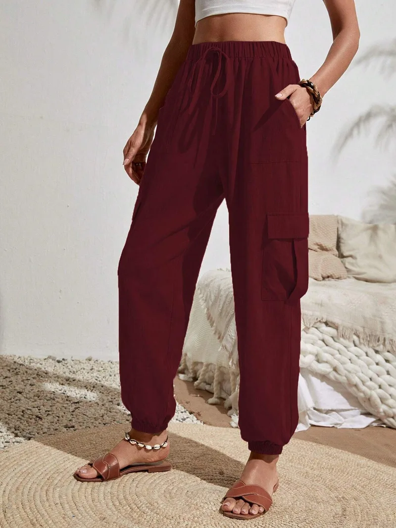 2025 Spring Summer New Women's Solid Cargo Pants Casual Wide Leg Pants with Pockets Versatile
