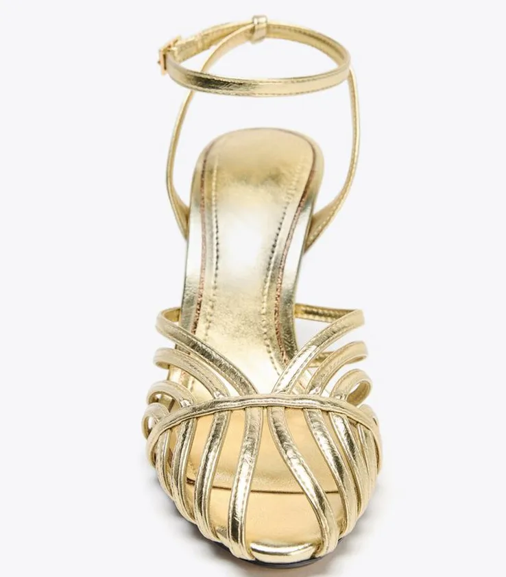 مثير الذهب الجوف ضيق الفرقة عالية الكعب صندل المرأة موضة الكاحل حزام مشبك كعب رقيق مصمم حذاء أنيق فستان العشاء حذاء