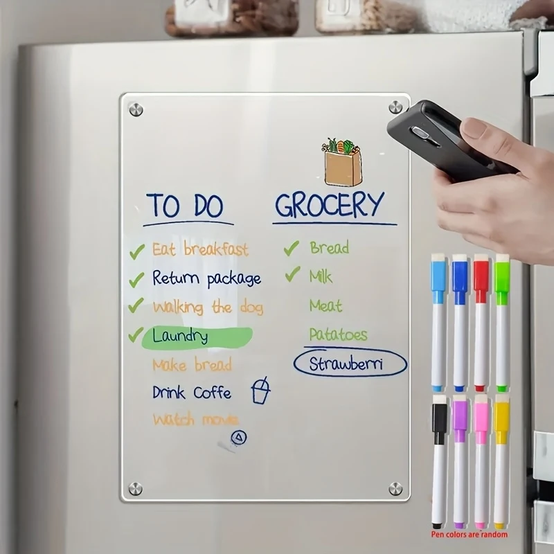 Acrylic Magnetic Week Plan Memo Board, erasable transparent message，Professional artistic use（1 board + 8 random colored pens.）
