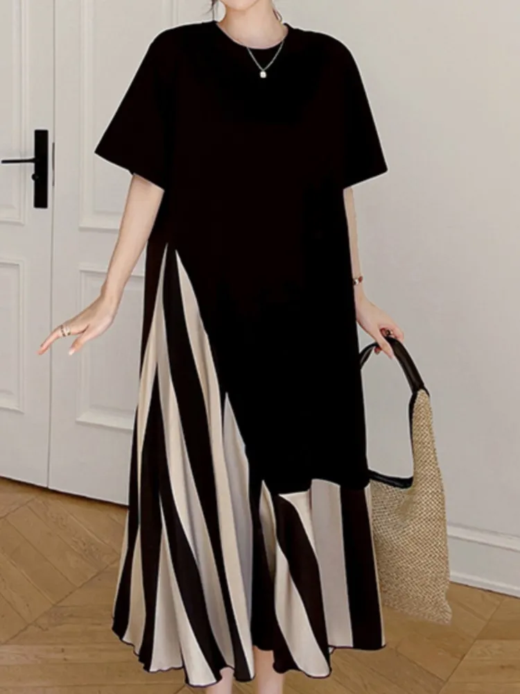 Abito estivo T-shirt a righe patchwork nero Nuovo abito vintage a contrasto con o-collo allentato Moda elegante abbigliamento donna Abiti