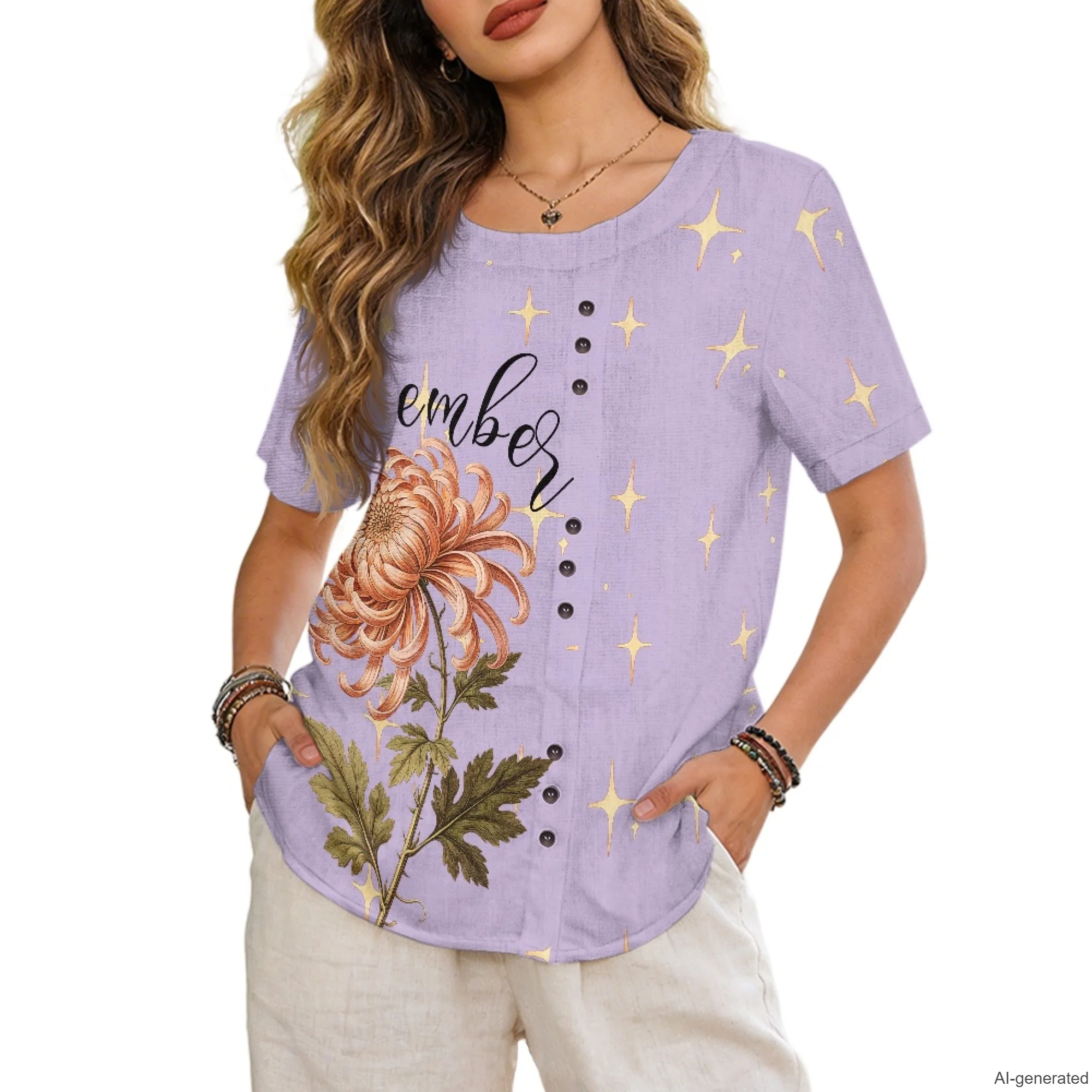 XIXIRIMIDO Summer Women's Linen Sleeve O-Neck Short Sleeve Button Shirt Birthday Flower Prints November Flower Holiday Tops