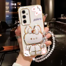 Diamond Wrist Strap Makeup Mirror Rabbit Phone Holder Case On For Samsung Galaxy S24 S20 S21 S22 S23 Ultra Plus FE Stand Cover