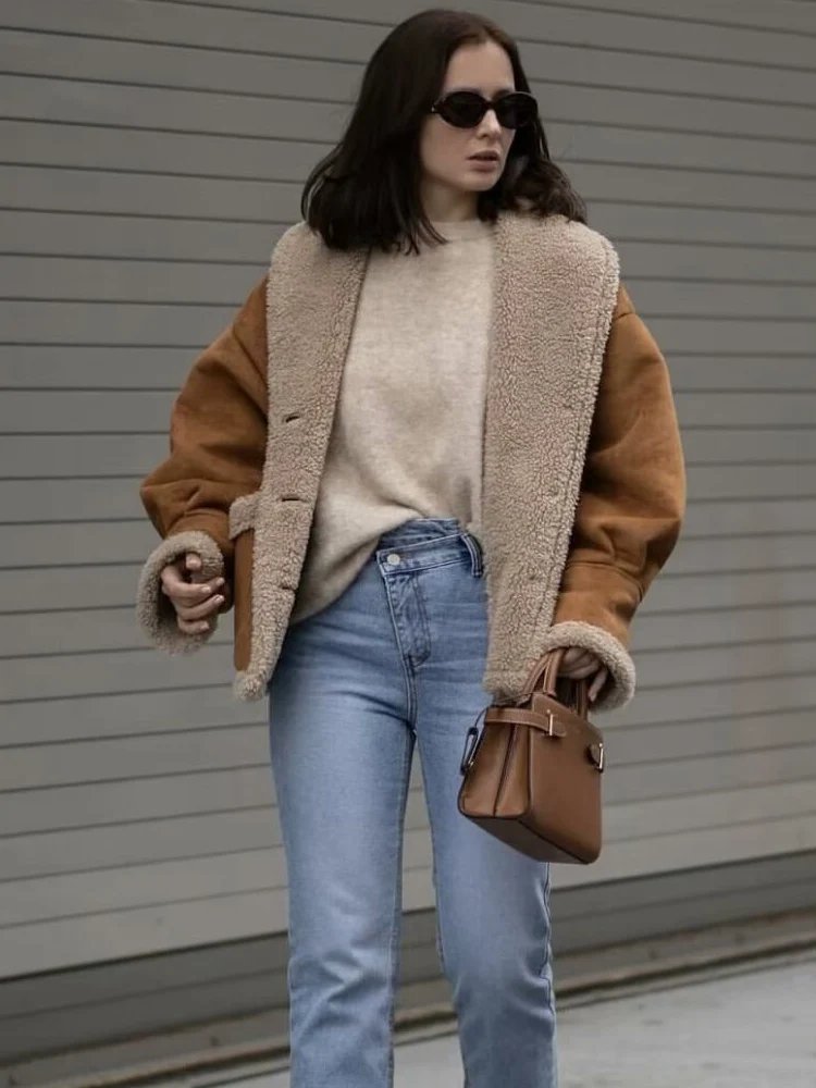 HH 2025 chaqueta de retales de lana de cordero a la moda para mujer, ropa de calle holgada Vintage con cuello vuelto para mujer, abrigo grueso para mujer