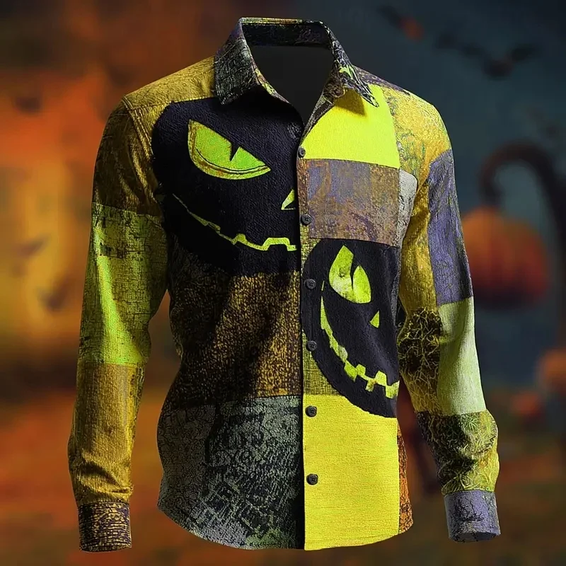 Halloween men's pumpkin shirt, button-front shirt, long-sleeved, casual outdoor 3D printed collar shirt.