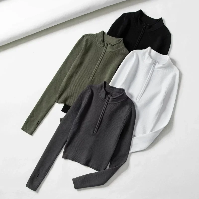 Women Elegant High Neck Solid Basic Cropped Pullover All-Match Winter Spring Fashion Y2k Zipper Front Knitted Clothing Top 2023