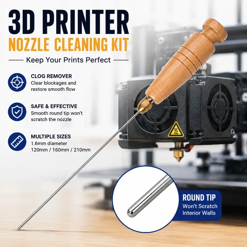 3D Printer Nozzle Cleaning Needle Kit, Extruder Hotend Clog Remover Tool Set 1.6‑160‑210‑120mm Unclog Needles for 3D Printing