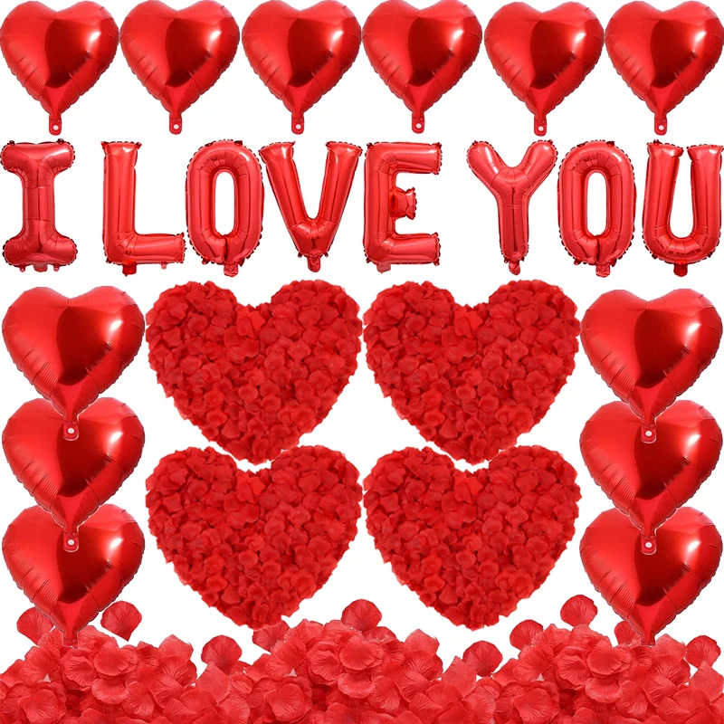 

Воздушный шар с сердечком, набор лепестков роз на День святого Валентина, воздушный шар из алюминиевой фольги, декор для дня рождения, свадьбы, искусственный романтический цветок