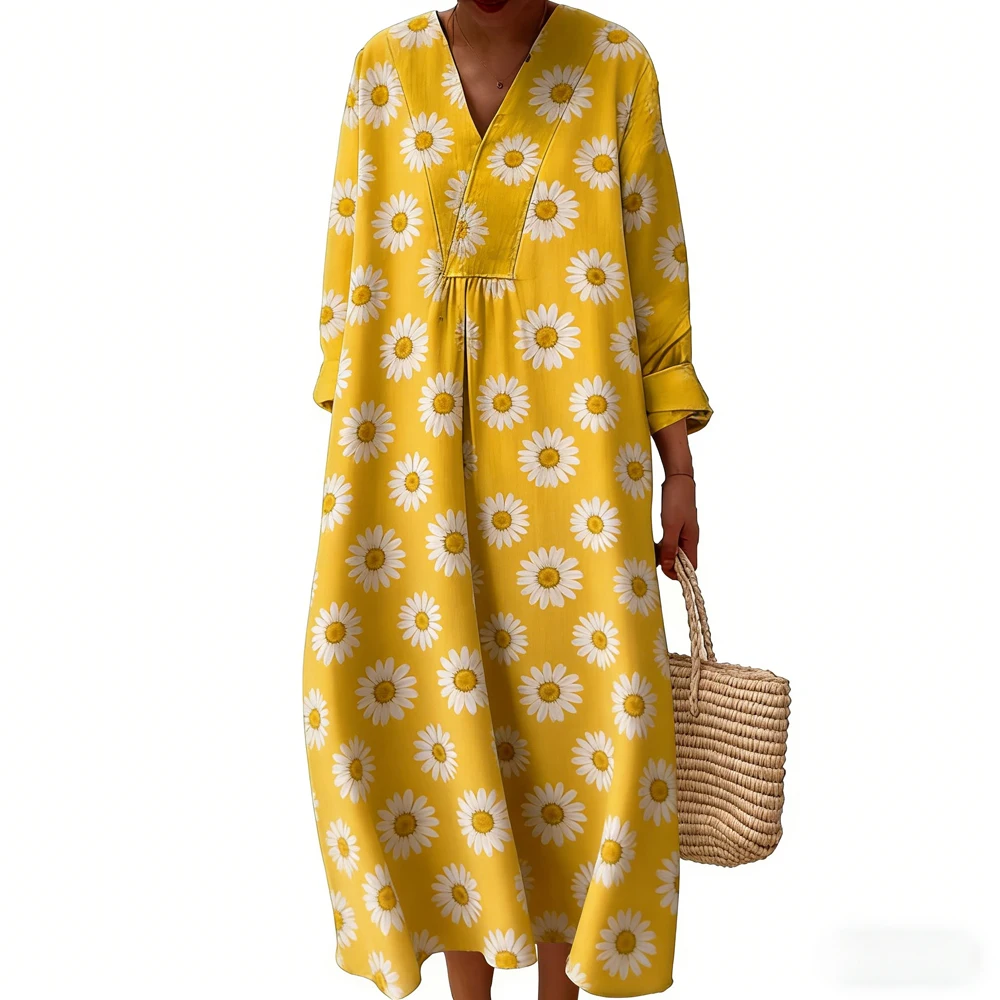 

Yellow Chrysanthemum Print Bohemian Long Skirt V-Neck Linen Dress with Long Sleeves for Women