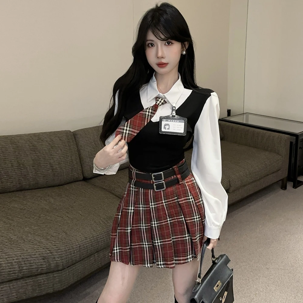 

Sweet Spicy Girl School orm Sle JK orm Поддельные двухсекционные длинные светящаяся клетчатая юбка с высокой талией Комплект из двух предметов для вас...