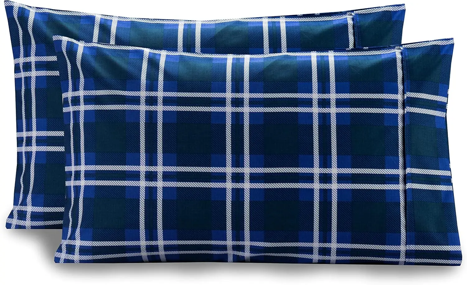 

Egyptian Quality Microfiber Pillowcase Set, 1500 Thread Count, Wrinkle Resistant, Navy Plaid Design for Queen Size