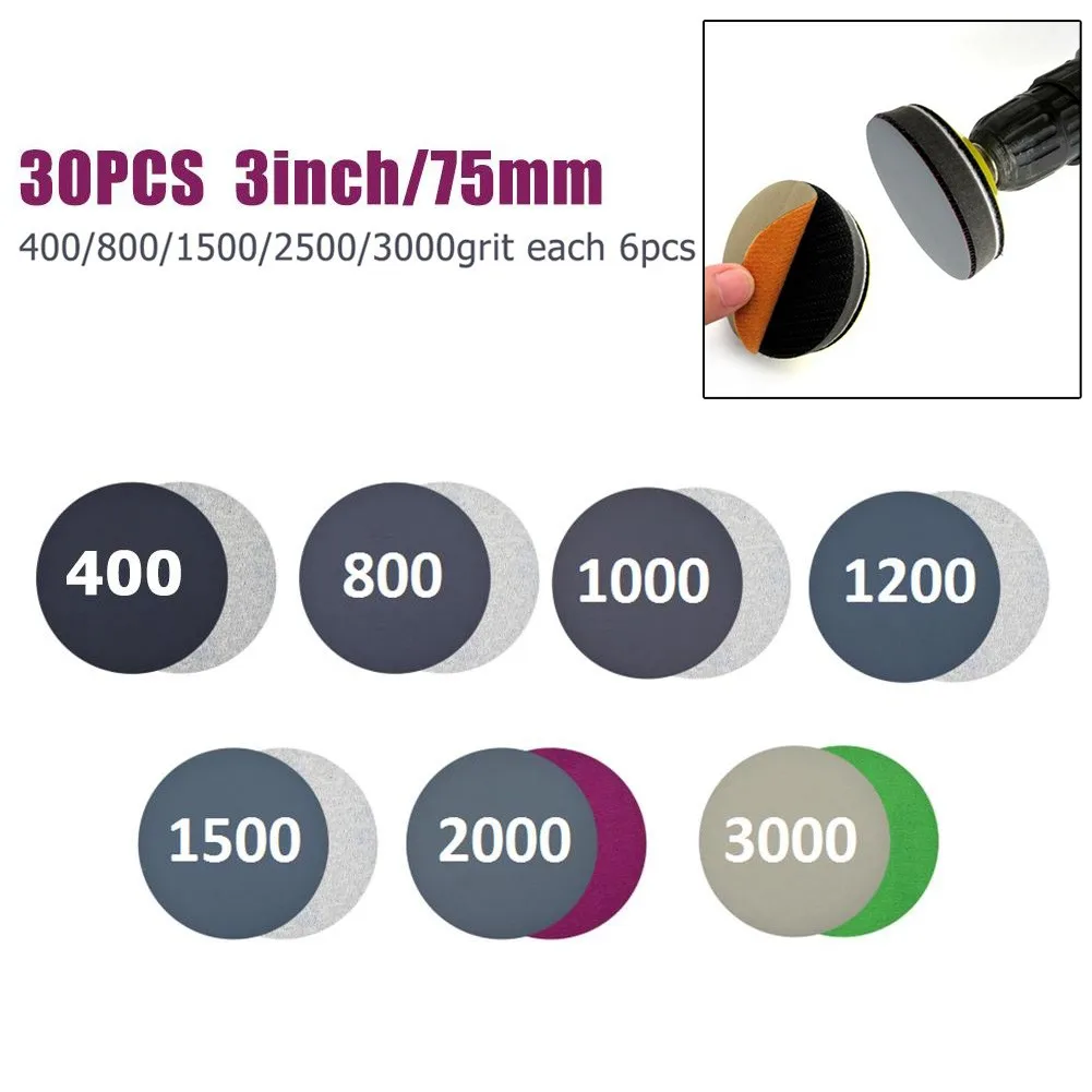 

30* Sanding Disc 30pcs 3In 400-3000grit Abrasive Pads Durability Flexibility Hook&Loop Silicon Carbide Wet/Dry New