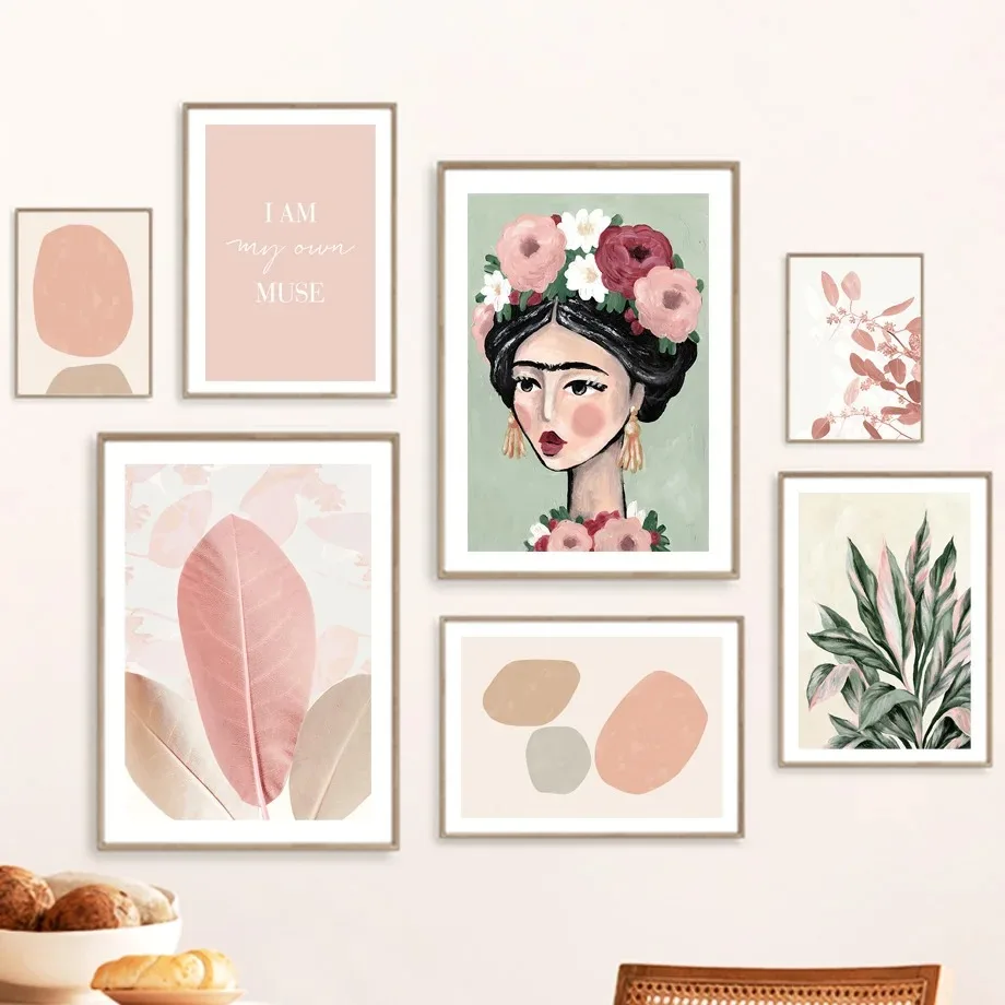 Plant Leaf Flower Girl Geometry Color Block Pink Green Abstract Poster Prints Wall Art Painting On Canvas Living Room Home De