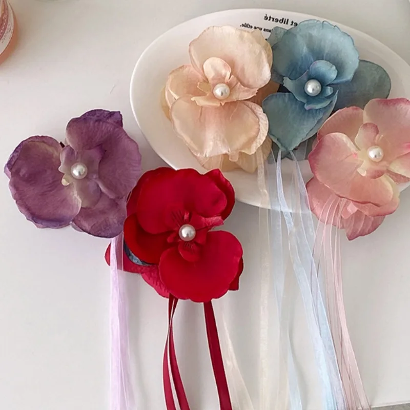 Elegant Floral Orchid Hair Claw Clip Vintage Ribbon Long Tassel Hairpin Barrettes Girl Korean Ponytail Hair Accessories Headwear