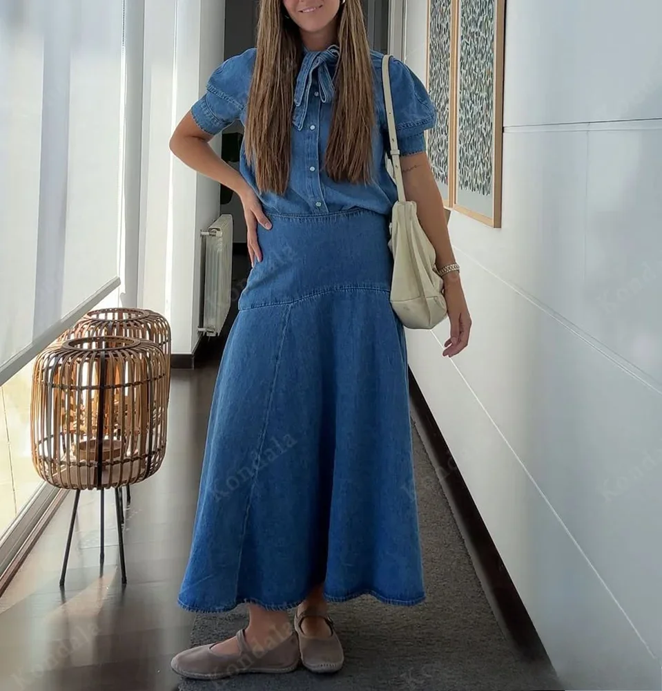 

KONDALA осенний женский элегантный тонкий джинсовый комплект, рубашка с короткими рукавами и бантом, юбка-миди, весна-осень 2024, простая милая повседневная женская юбка Se