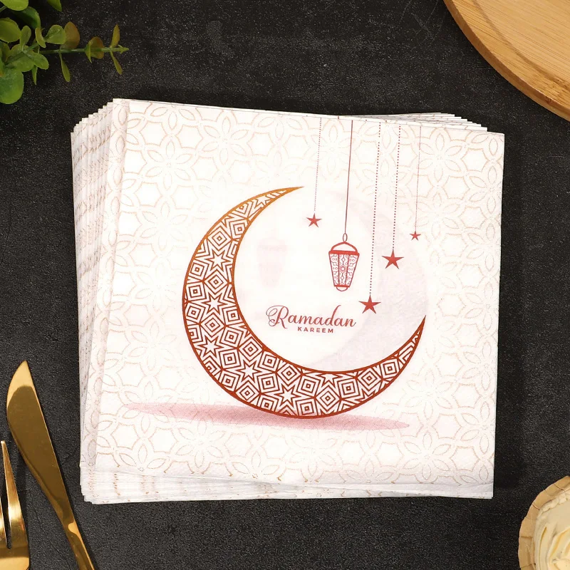 

20pcs Eid Ramadan Paper Napkins StarLantern Moon Crescent Pattern Disposable Tableware Accessories Muslim Festival Table Decor