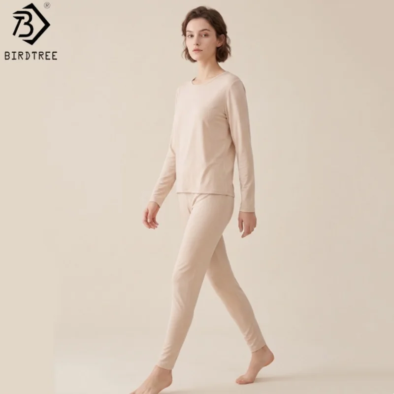 Birdtree, 100% Real Silk Undershirt Leggings Set, Women Long Sleeve Shirt, Elastic Waist Soft Pants, 2026 Autumn New S69605JF