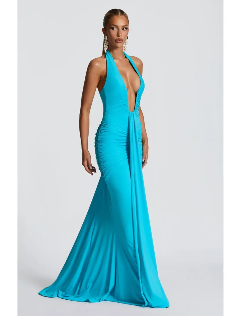 عميق الخامس الرقبة ثنيات Ruched مثير فستان ماكسي المرأة الصيف موضة الرسن أكمام عارية الذراعين نادي حفلة فستان طويل أنيق BM98