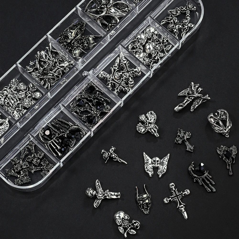 48/60pcs Black Silver Metal Cross Punk Nail Rhinestone 3D Alloy Skull Angel Y2k Nail Charms DIY Sweet Cool Girl Nail Decoration
