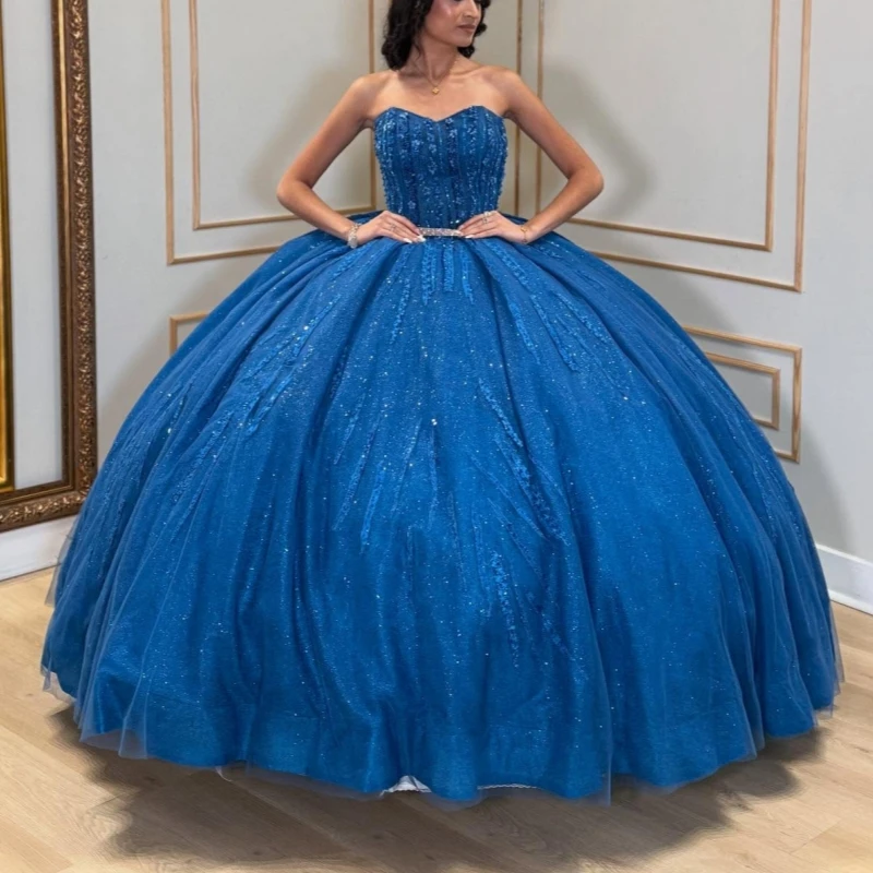 

Королевское синее блестящее платье Quinceanera с открытыми плечами и блестками, расшитое бисером и кристаллами, тюлевое бальное платье Vestidos De 15 Anos Sweet 16 Dress