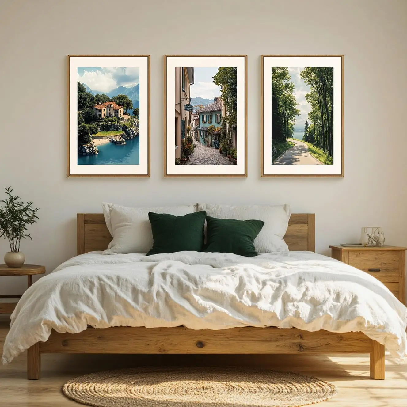 3pcs Retro Italian Urban Coastal Tree Landscape Canvas Wall Art, Modern French Living Room, Dining Room Office Home Decoration