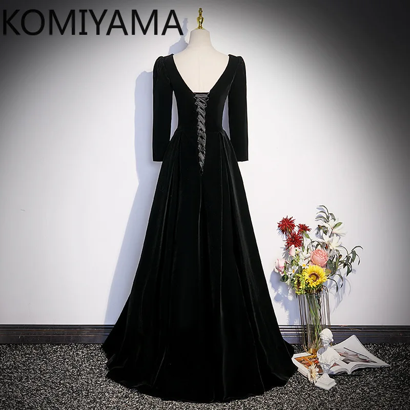 Personalizado preto coreano manga comprida veludo vestido de noite cintura fina lantejoulas cintura fina formal vestidos de baile temperamento formal