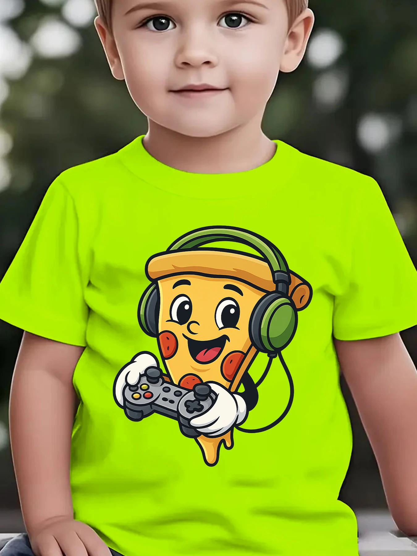 Game Pizza With Headphones Cartoon Print Boy Girls Family Matching Tee Soft Kid Parent Short Sleeve Daily Casual Comfort T Shirt