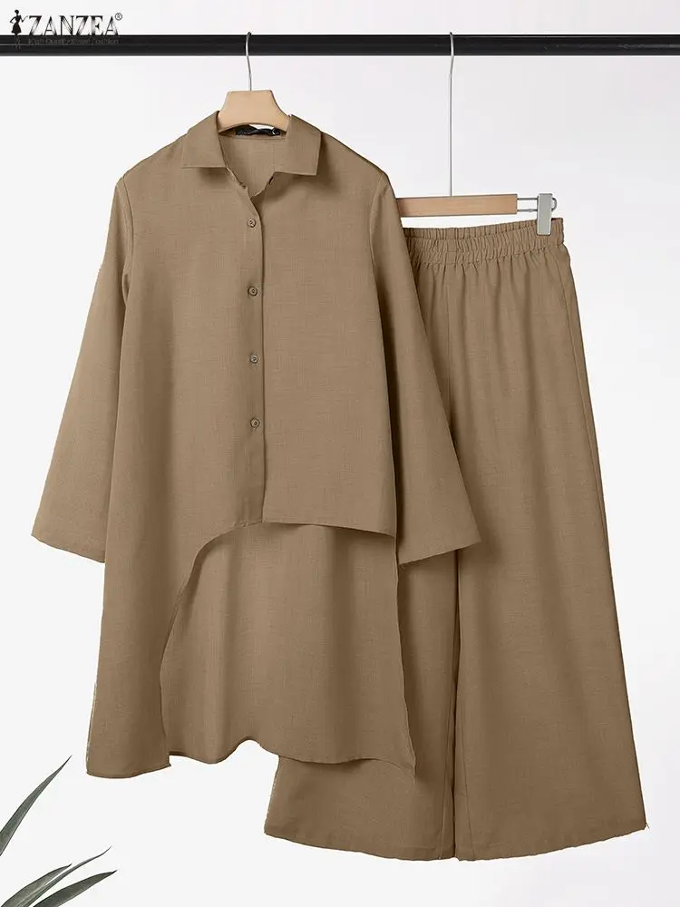 ZANZEA Stijlvolle 2-delige broeksets Dames Asymmetrische zoom Lange shirts en wijde pijpen Broek Past Outfits Effen kleur Woon-werkkleding