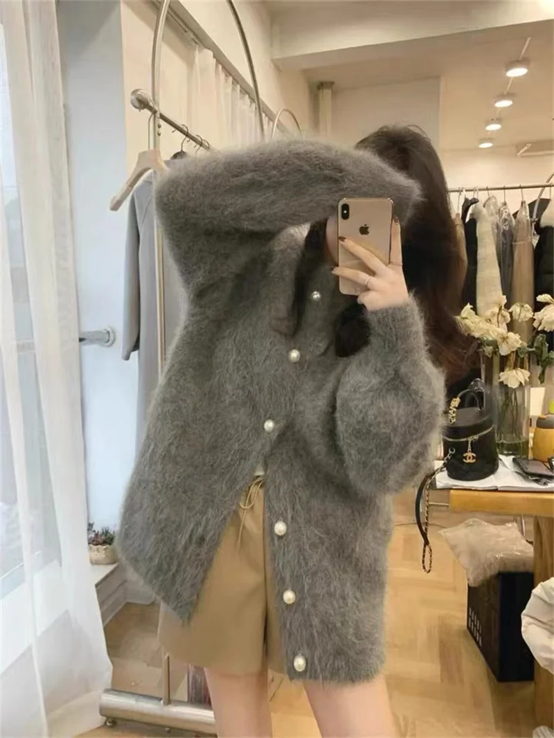 Limiguyue Autumn Winter Mohair Mink Sweater Vintage Solid Cashmere Knitted jacket Cardigans Knitwear Thicken Warm Outwear E060