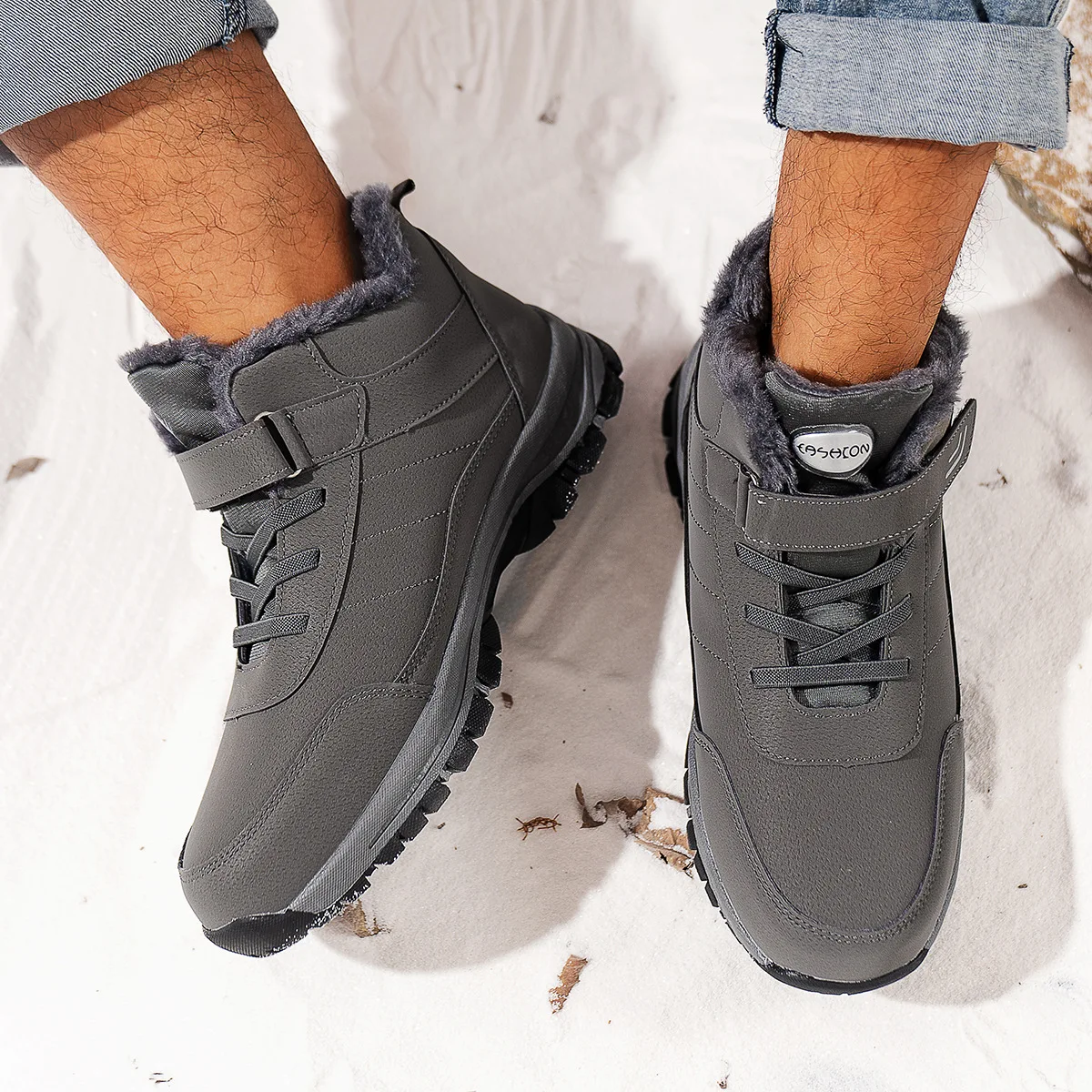 Damen-Knöchel-Winterstiefel aus PU, wasserabweisend, mit Plüschfutter, Klettverschluss, rutschfeste flache Sohle, warme Outdoor-Freizeitstiefel. – Detail 8