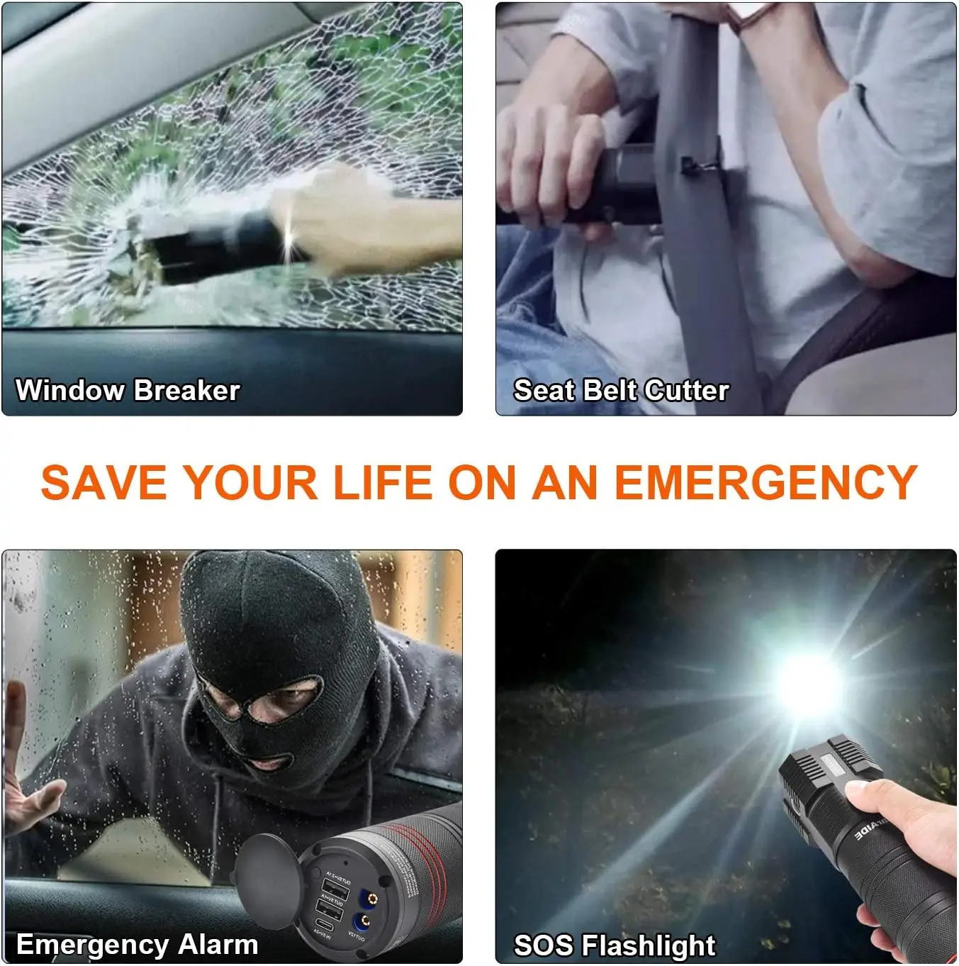 Arrancador de salto súper seguro 12V 1000A, herramientas de emergencia 18 en 1 con interruptor de ventana, cortador de cinturón de seguridad, Flash SOS