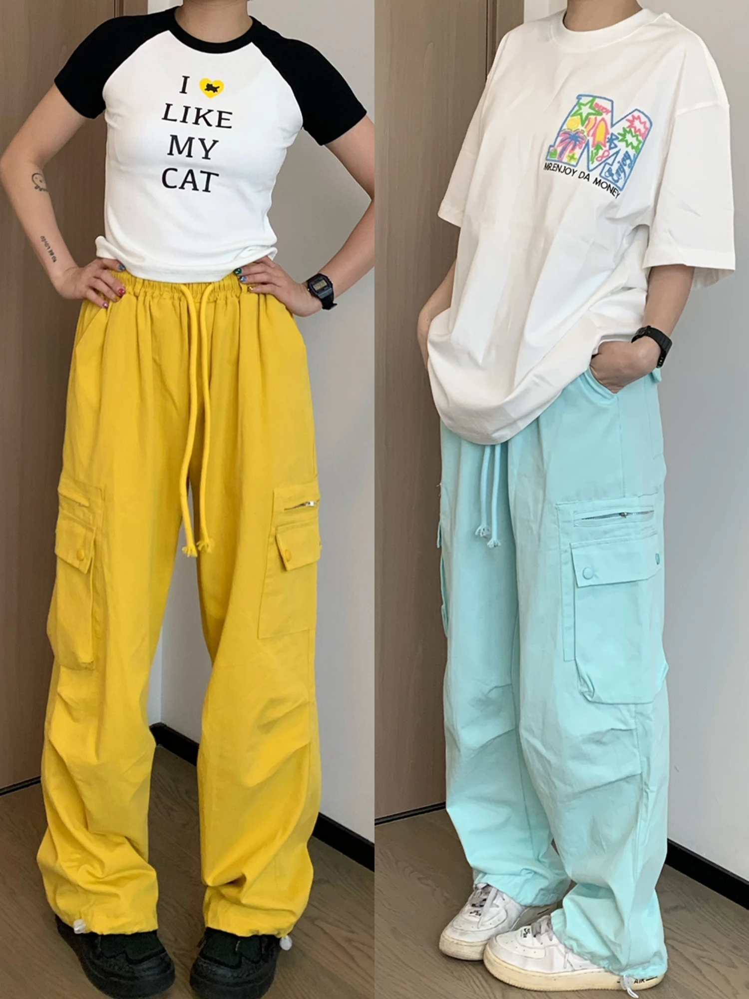 

Брюки Oiiokk Lemon Mint: широкие рабочие брюки в американском стиле, свободные прямые спортивные брюки, уличный стиль...