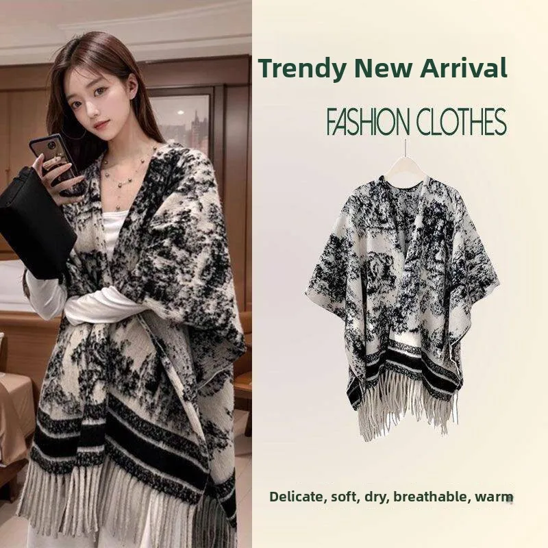 

Autumn Winter New Style Women's Fringed Shawl Coat Casual Versatile Plaid Cardigan Large Size Wrap Scarf Warm Faux Cashmere
