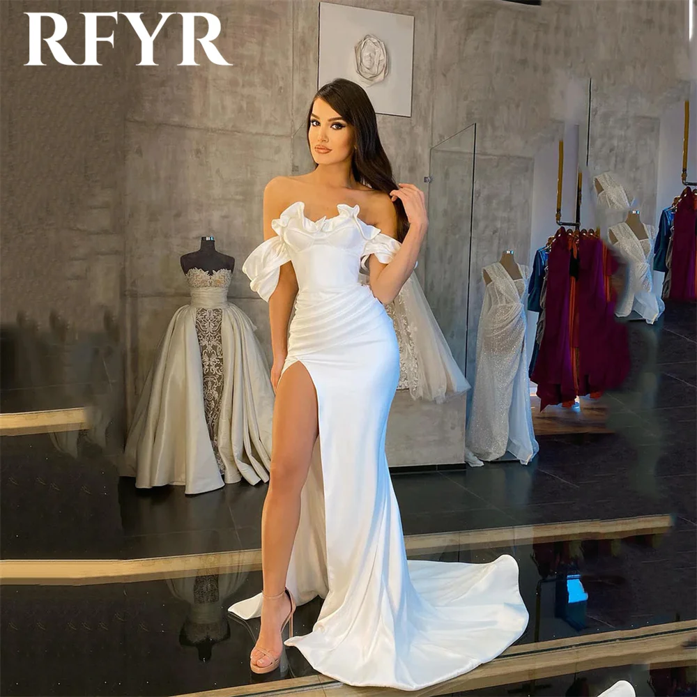 

RFYR Off the Shoulder White Prom Dresses Pleat Strapless Party Dress For Wedding Side Split Formal Dresses Stain Mermaid 프롬 드레스