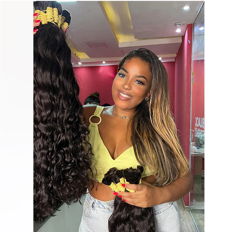 Shinehair-cabelo trançado humano, extensões de cabelo a granel, cabelo virgem de onda profunda, 100% sem trama encaracolada, não processada, onda de água, 18 "-30"