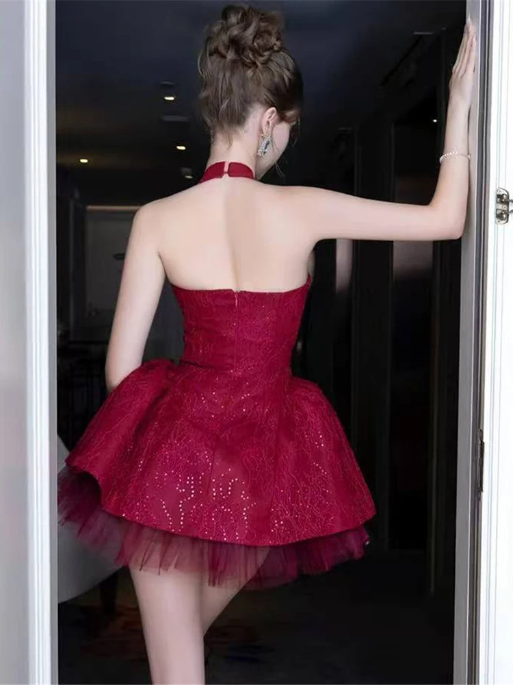 SIsterlinda Jacquard Sexy Dress +Mesh Puffy Skirt Women Noble Bow Sequin Sleeveless Halter Backless Stretch Birthday Party Suits