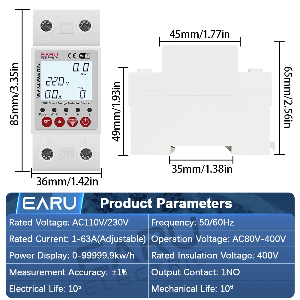 EARU Tuya WiFi Smart Enery Power kWh Meter Monitor Under Over Voltage Current Earth Leakage Protector Time Relay Switch Breaker