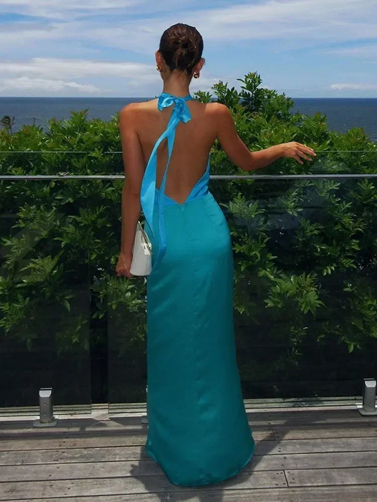 

Elegant Color Block V Neck Halter Lace Up Long Dress Women Sexy Backless Sleeveless Maxi Robes Fashion Lady Beach Party Vestidos